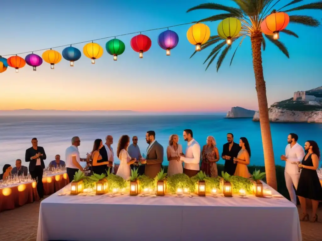 Fiesta sin gluten en Ibiza: Gente diversa disfruta de la cocina sin gluten bajo las luces de colores en la playa al atardecer