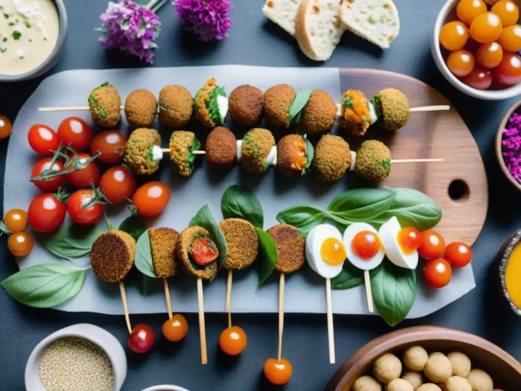 Degustación sin gluten para fiestas: coloridas tapas y aperitivos en tabla de madera, decorados con hierbas y flores comestibles, en ambiente festivo