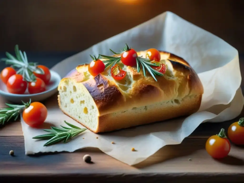 Focaccia sin gluten receta fácil: Deliciosa focaccia dorada con tomates cherry y romero en una mesa rústica bañada por la luz del sol