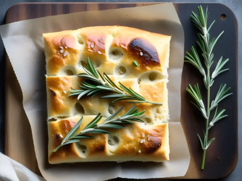 Focaccia sin gluten receta fácil: Deliciosa focaccia dorada con romero, sal marina y aceite de oliva en tabla rústica con harina esparcida