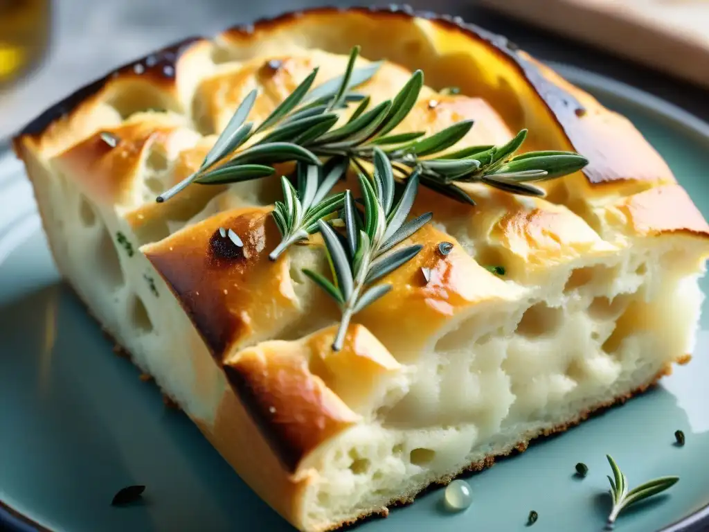 Una focaccia sin gluten con hierbas frescas: pan recién horneado con romero, tomillo y sal marina, con una corteza dorada brillante y vapor aromático