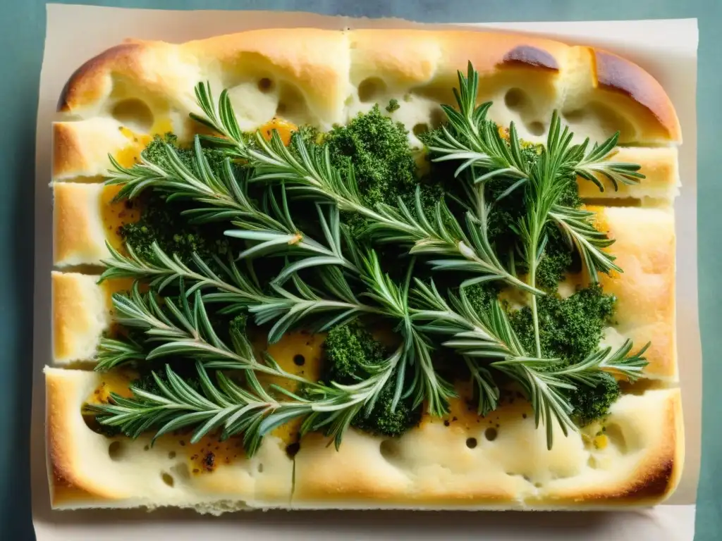 Una focaccia sin gluten con hierbas frescas recién horneada, dorada y aromática