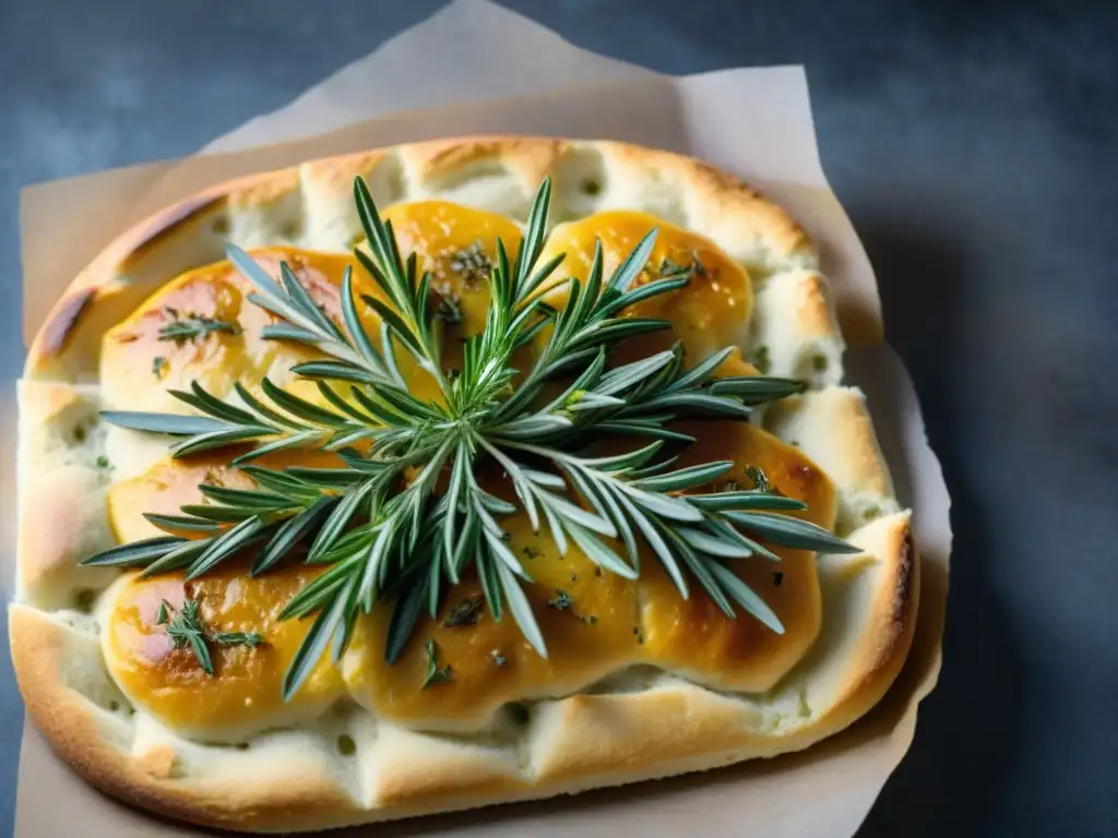 Focaccia sin gluten con hierbas frescas bañada en luz natural, destacando la corteza dorada y las delicadas hojas de hierbas