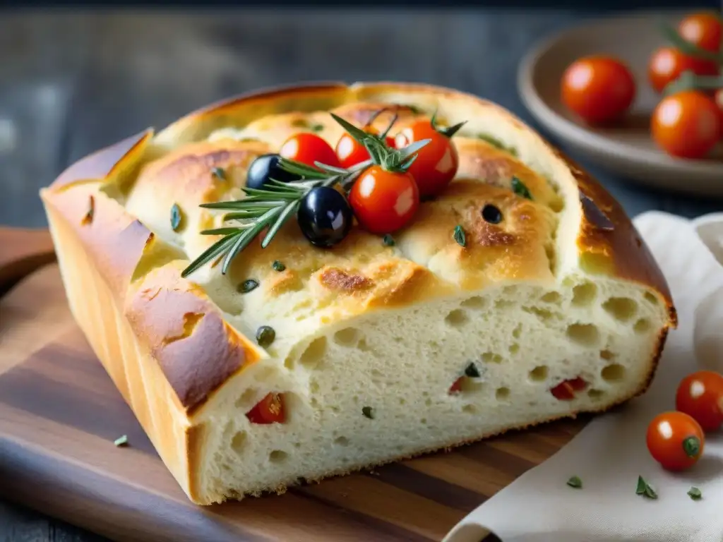 Una focaccia sin gluten recién horneada con romero, tomates cherry y aceitunas, sobre tabla de madera rústica