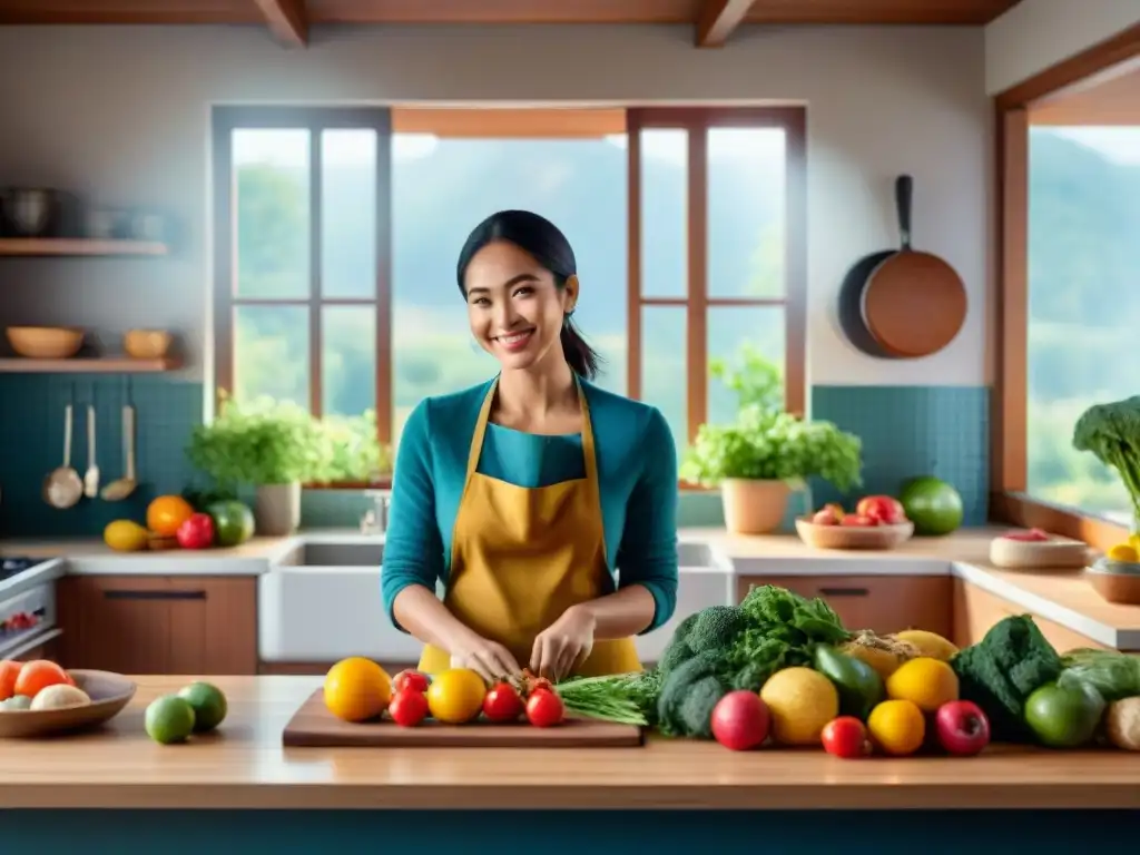 Fotorealista escena de cocina sin gluten feliz vida, persona alegre cocinando rodeada de ingredientes frescos