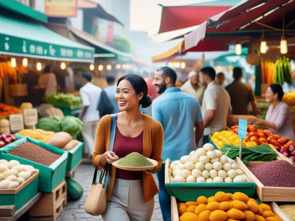 Fotorealista escena viajeros explorando mercado alimentos, seguros sin gluten