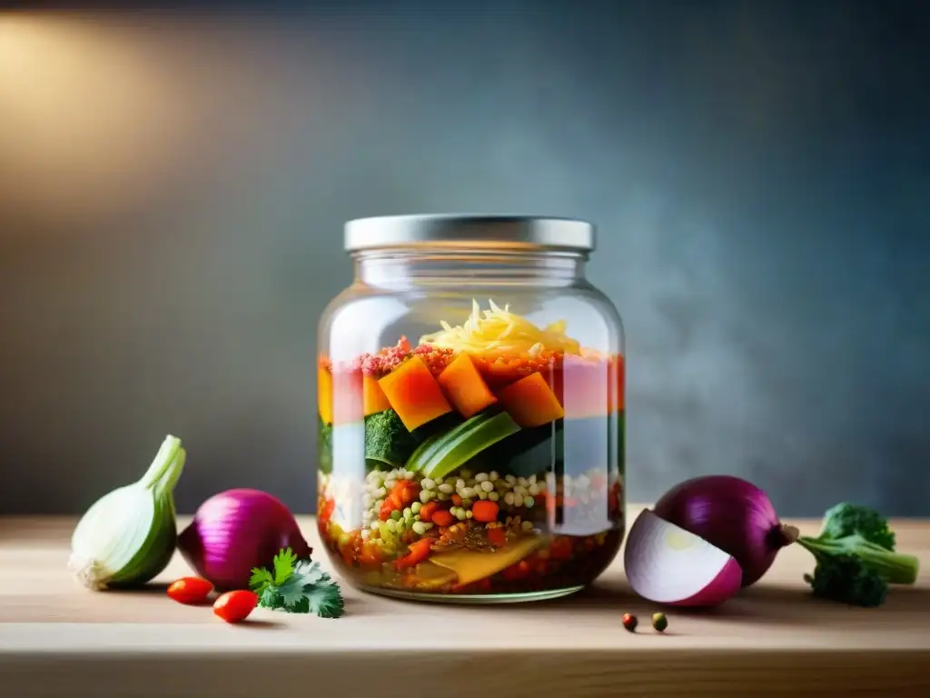 Un frasco de kimchi casero sin gluten, con capas de col fermentada, rábano y especias, listo para disfrutar