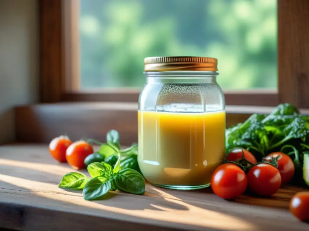 Un frasco de vidrio con aderezo casero sin gluten, rodeado de ingredientes frescos y coloridos en una mesa de madera rústica