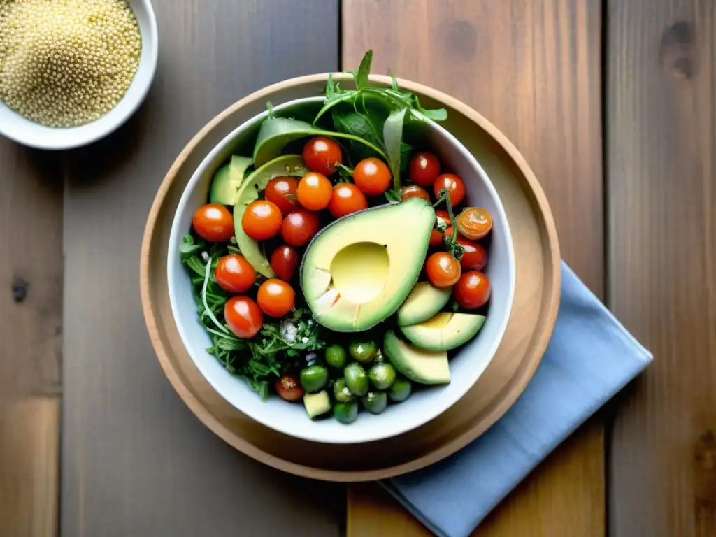 Una fresca ensalada de quinoa con aguacate, tomate y pepino, ideal para atletas