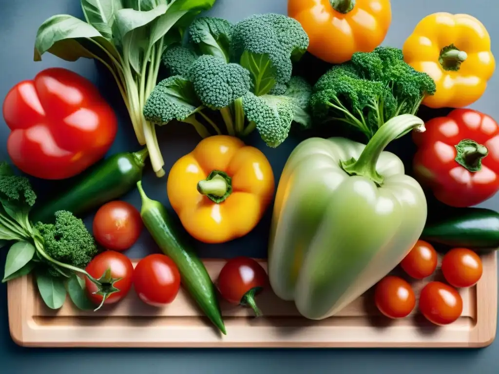 Una fresca variedad de frutas y verduras en un tablero de madera, con gotas de agua brillantes