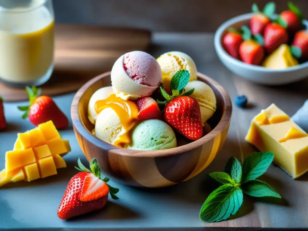 Frescas recetas helados sin gluten caseros en tazón de madera con frutas y salsa de caramelo