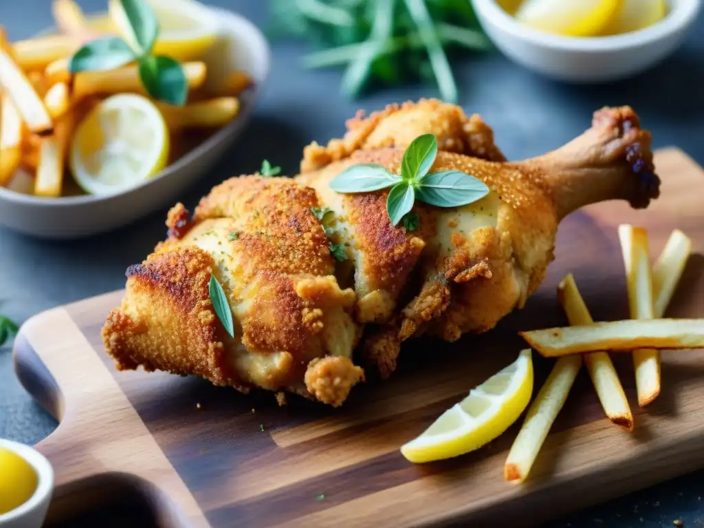 Frituras sin gluten crujientes: delicioso pollo frito y papas fritas doradas en tabla de madera rústica