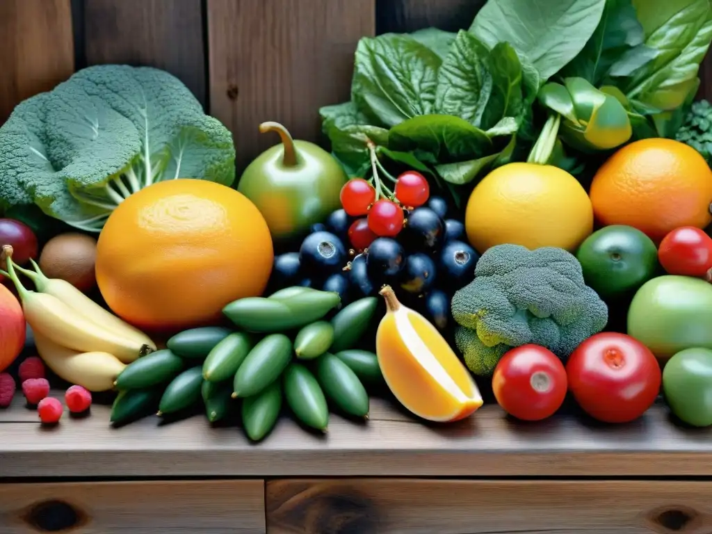 Frutas y verduras vibrantes en mesa de madera rústica