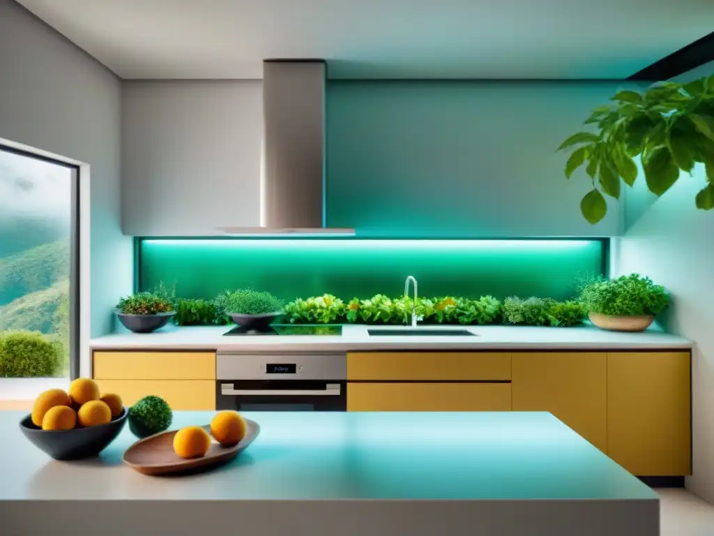 Un futurista ambiente de cocina donde impresoras 3D crean platos glutenfree coloridos, con diseño eco y impacto ambiental