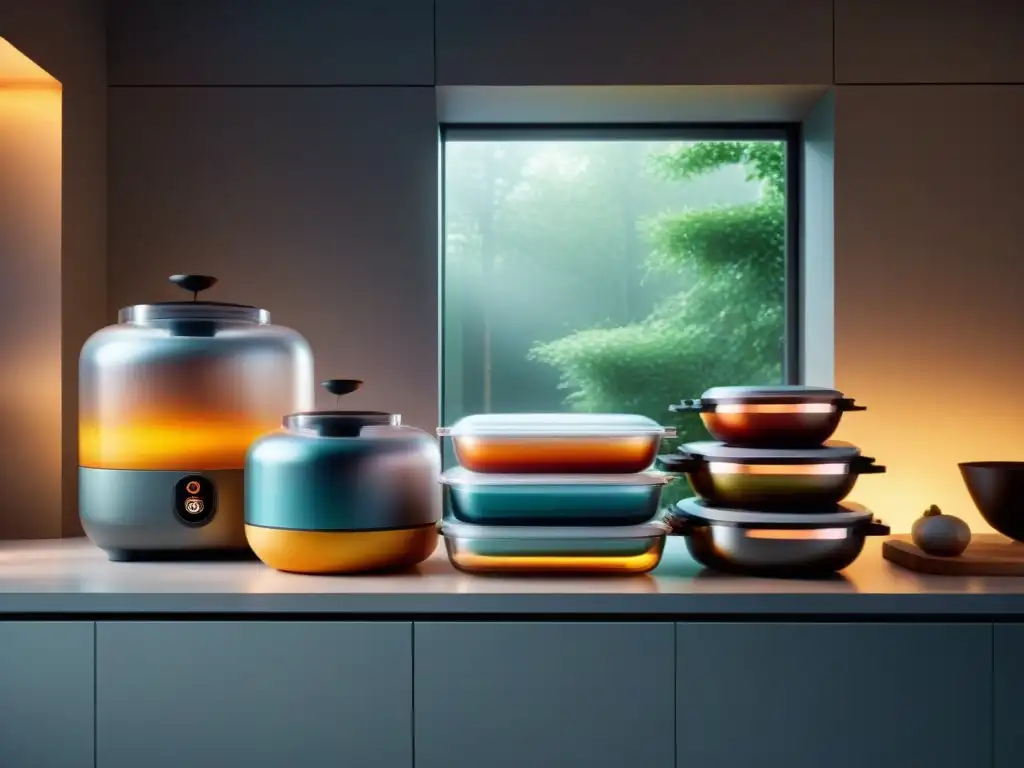 Un futurista y detallado diseño de cocina con contenedores de almacenamiento sin gluten innovadores en un ambiente luminoso y minimalista