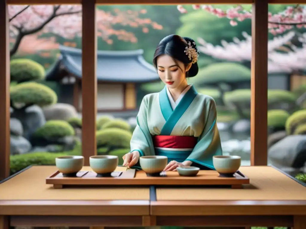 Una geisha vierte sake sin gluten en una elegante escena de tradición japonesa entre cerezos en flor