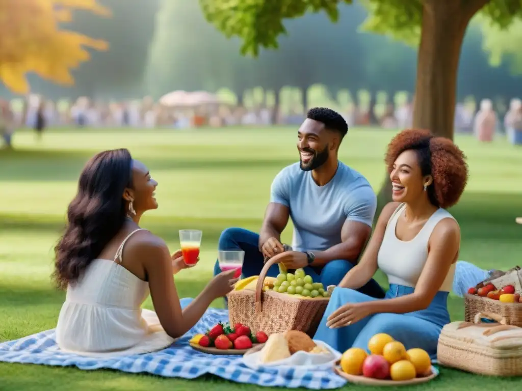 Un glorioso picnic en el parque con comida sin gluten, mostrando alegría y diversidad