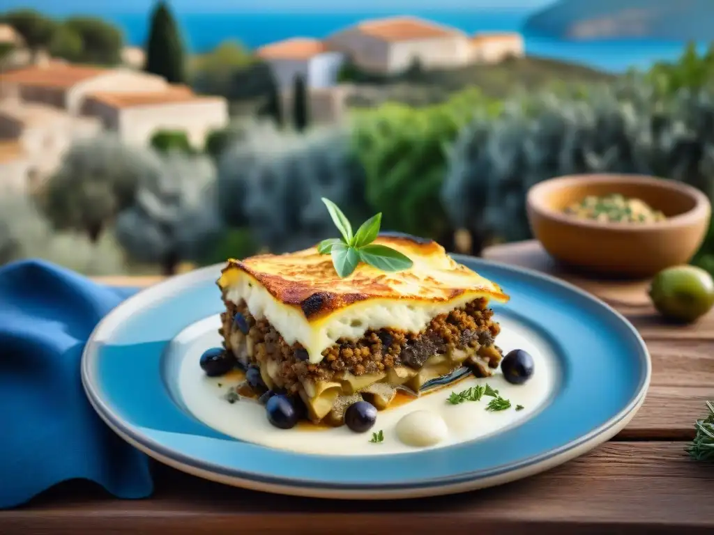 Moussaka sin gluten: una deliciosa innovación culinaria en un escenario mediterráneo vibrante y acogedor