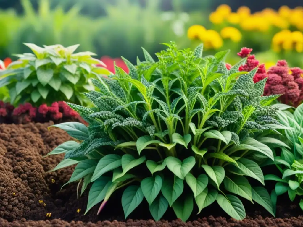 Un jardín sin gluten exuberante y próspero, donde las plantas florecen en tierra oscura y fértil bajo el sol brillante
