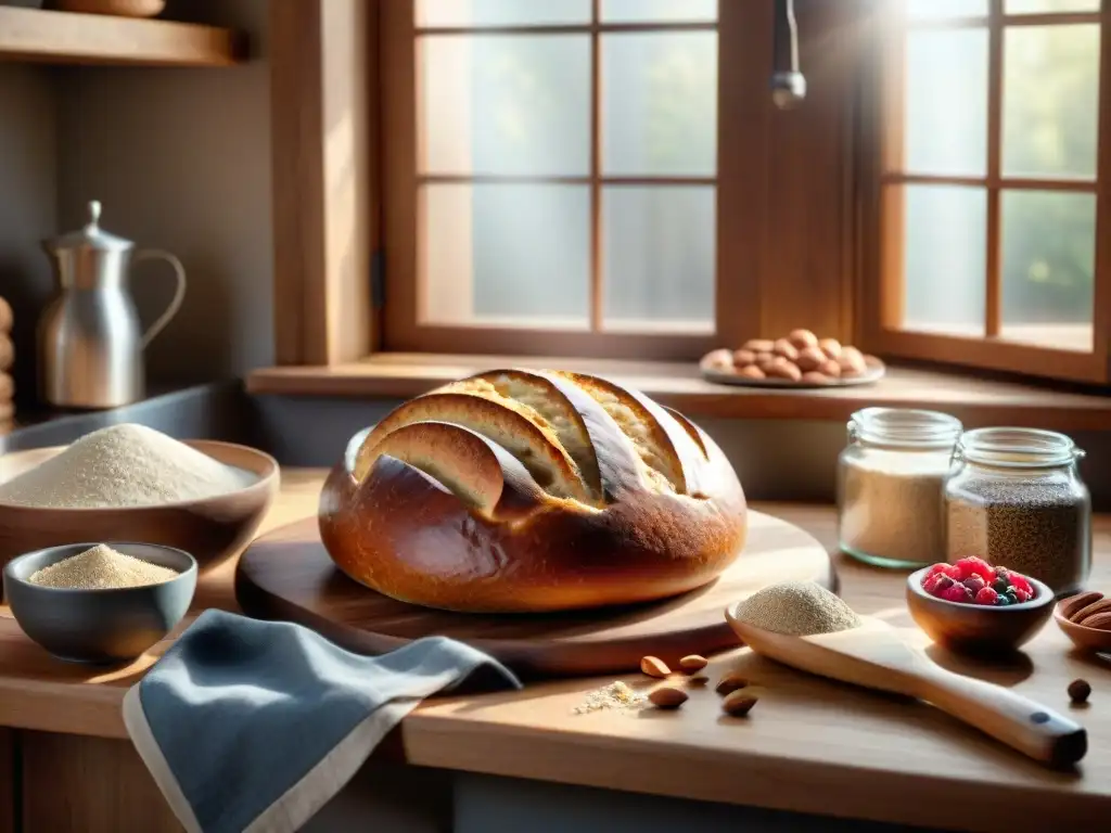 Un rincón de panadería sin gluten histórico: ingredientes, utensilios y un panadero moldeando con amor el pan