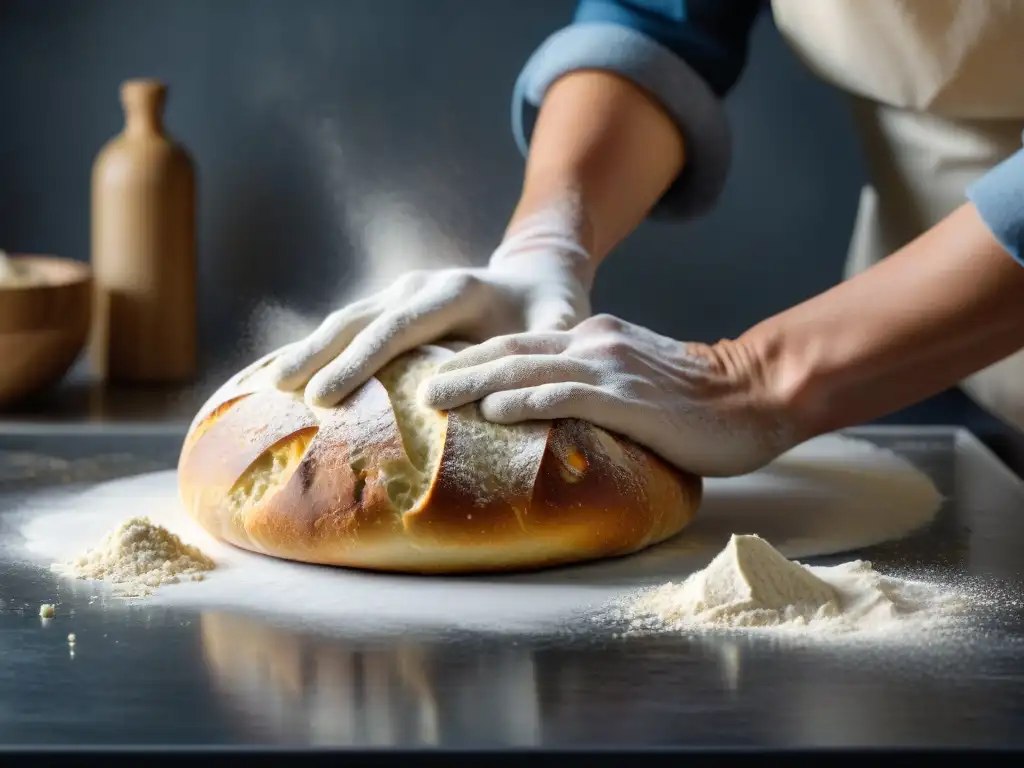 Panificación sin gluten: manos expertas amasan la masa con detalle en elegante encimera de mármol, desafiando con precisión