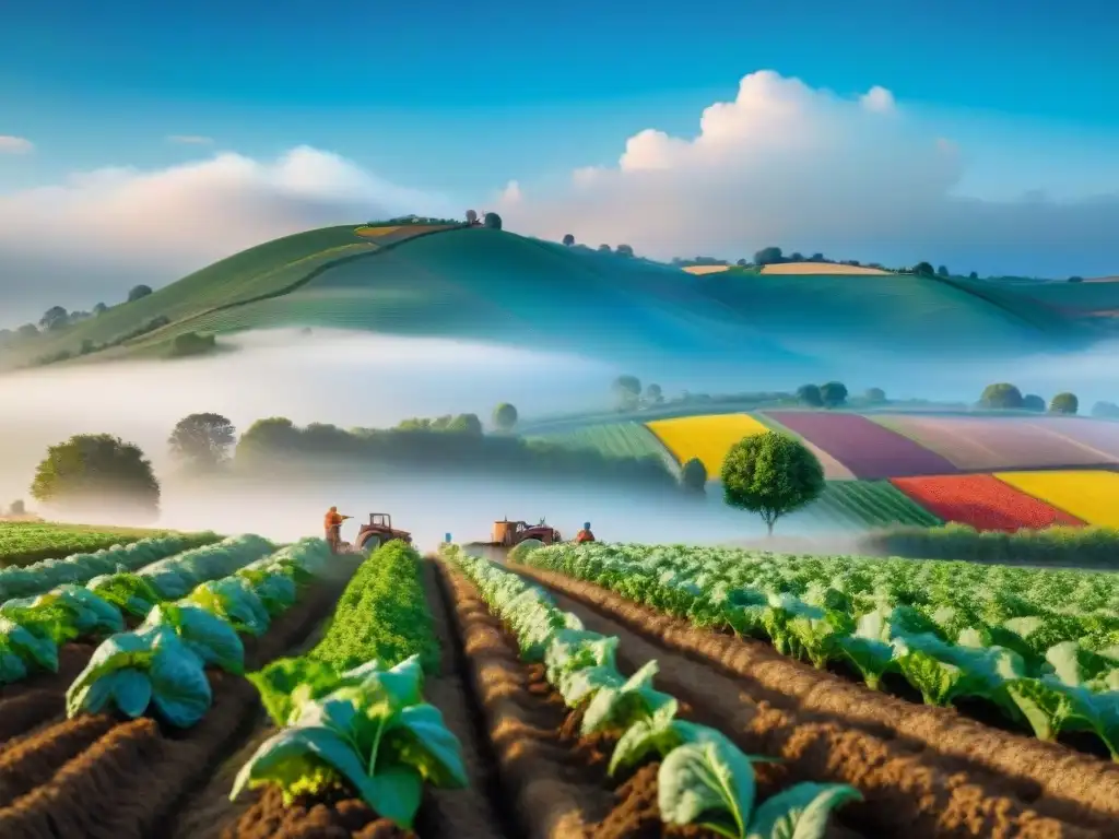 Una granja orgánica serena con cultivos sin gluten vibrantes, y personas cosechando sonrientes en comunidad bajo cielo azul