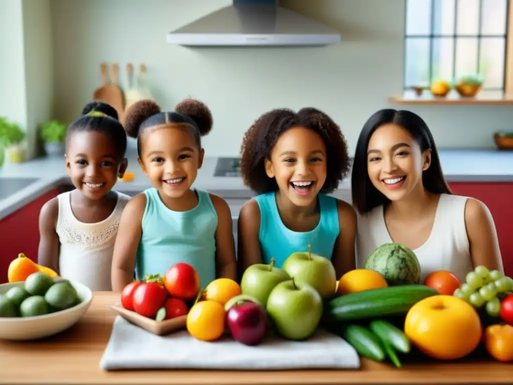 Un grupo alegre de niños prepara y disfruta de una colorida comida sin gluten juntos en una cocina vibrante