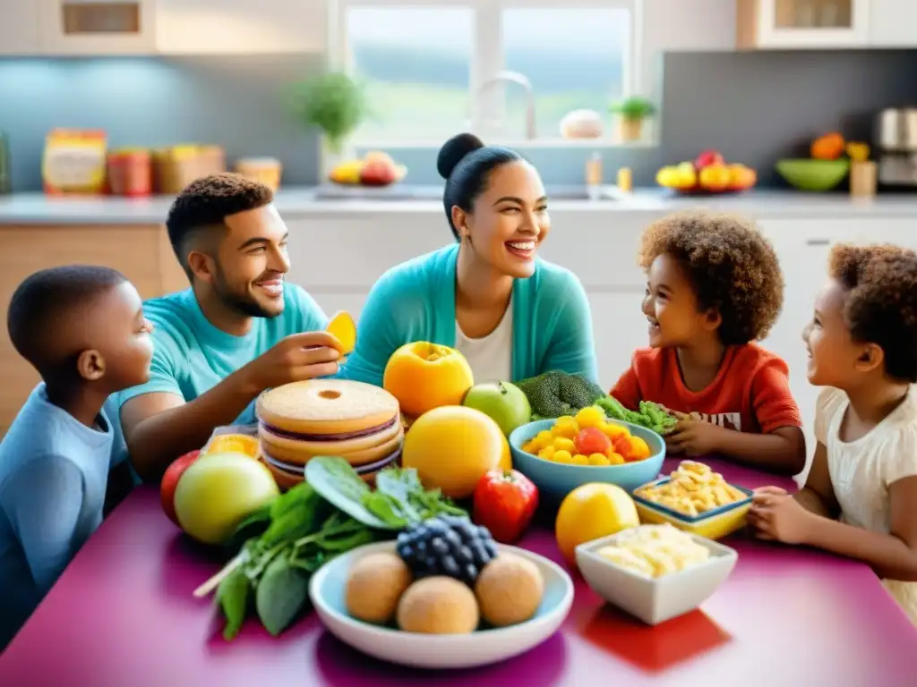 Un grupo alegre de niños de diversas culturas disfrutan de una dieta sin gluten en una cocina cálida y acogedora