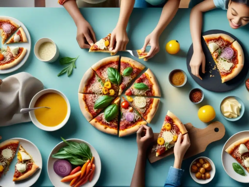 Grupo alegre de niños disfrutando de una deliciosa pizza sin gluten en una cocina acogedora