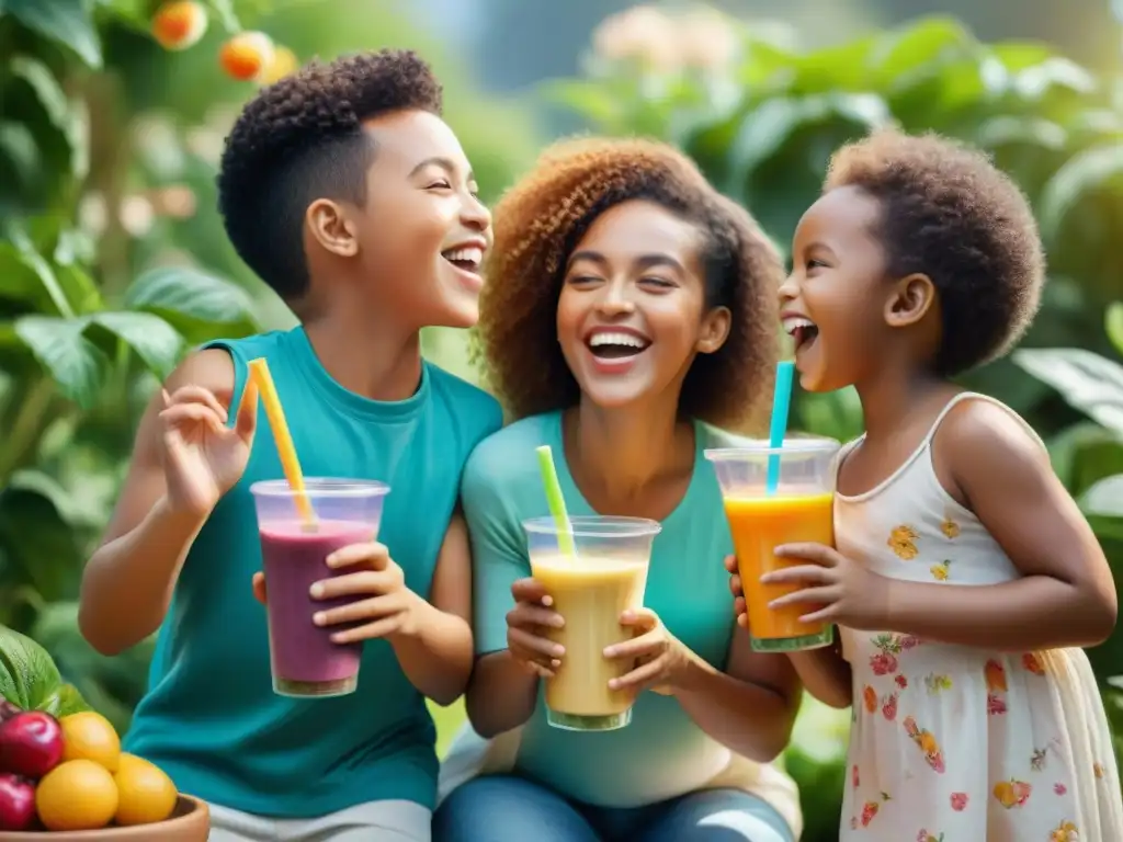 Un grupo alegre de niños diversos disfruta de batidos sin gluten en un jardín vibrante y soleado