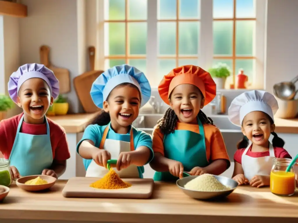 Un grupo alegre de niños de diversas etnias cocina sin gluten juntos en una cocina luminosa y colorida