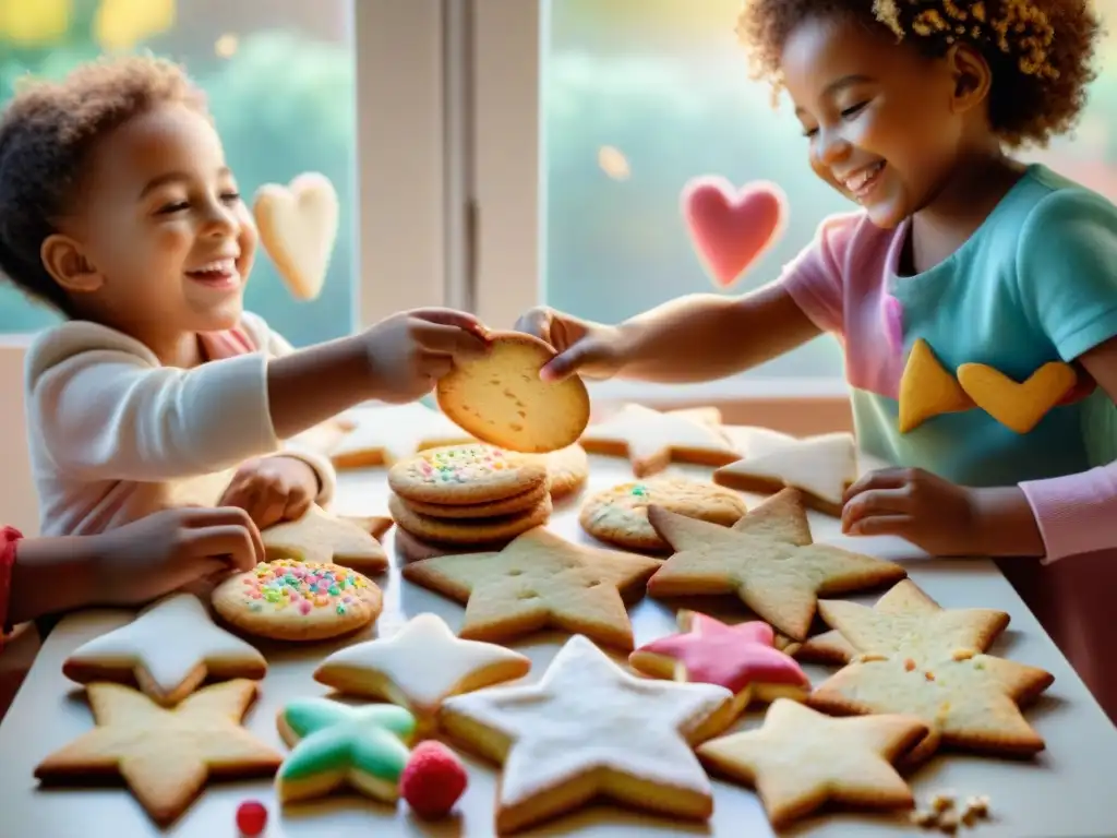 Grupo alegre de niños decorando galletas sin gluten en una mesa llena de color y diversión