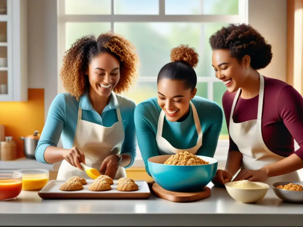 Grupo alegre de niños diversos horneando galletas sin gluten juntos en una cocina moderna y brillante