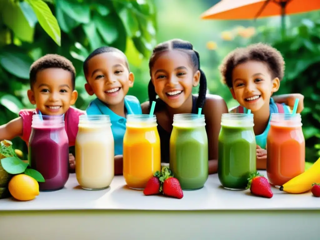 Un grupo alegre de niños disfruta de jugos sin gluten en un jardín soleado