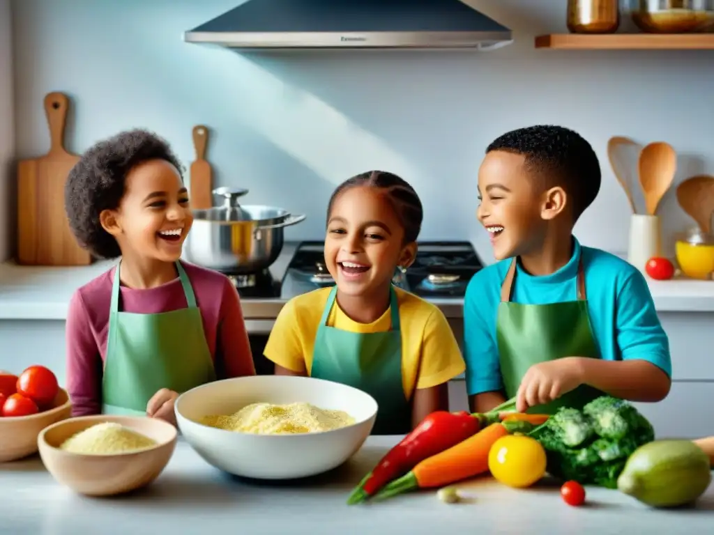 Un grupo alegre de niños cocinando juntos en una cocina luminosa y colorida