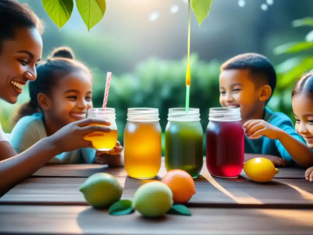 Un grupo alegre de niños preparando kombucha casera sin gluten al sol en una mesa de madera