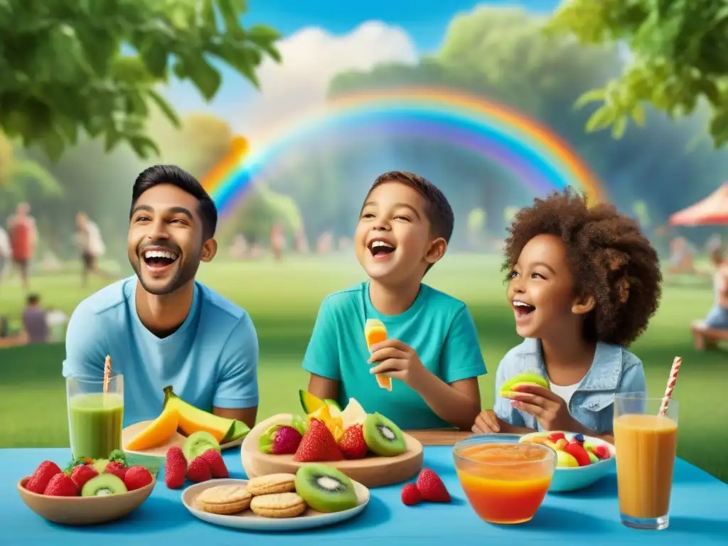 Un grupo alegre de niños diversos disfrutando de meriendas sin gluten en un parque