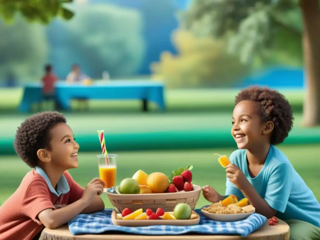 Un grupo alegre de niños disfruta de snacks sin gluten en un vibrante picnic en el parque