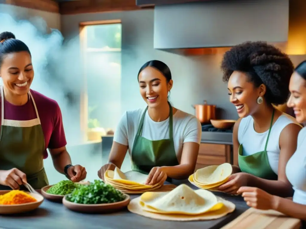 Un grupo alegre de niños diversos preparando tortillas sin gluten con entusiasmo y coloridos ingredientes esparcidos