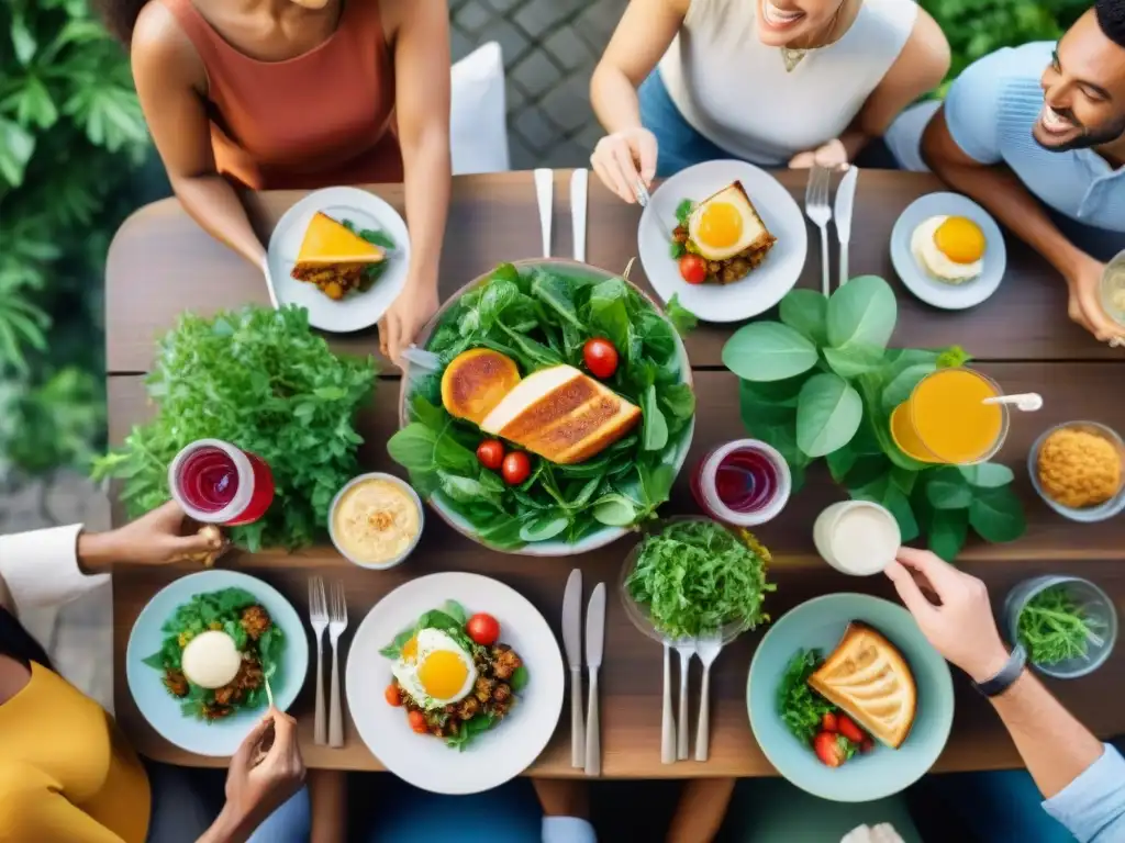 Un grupo de amigos celebra con alegría y seguridad una comida sin gluten en un restaurante al aire libre, rodeados de exuberante vegetación