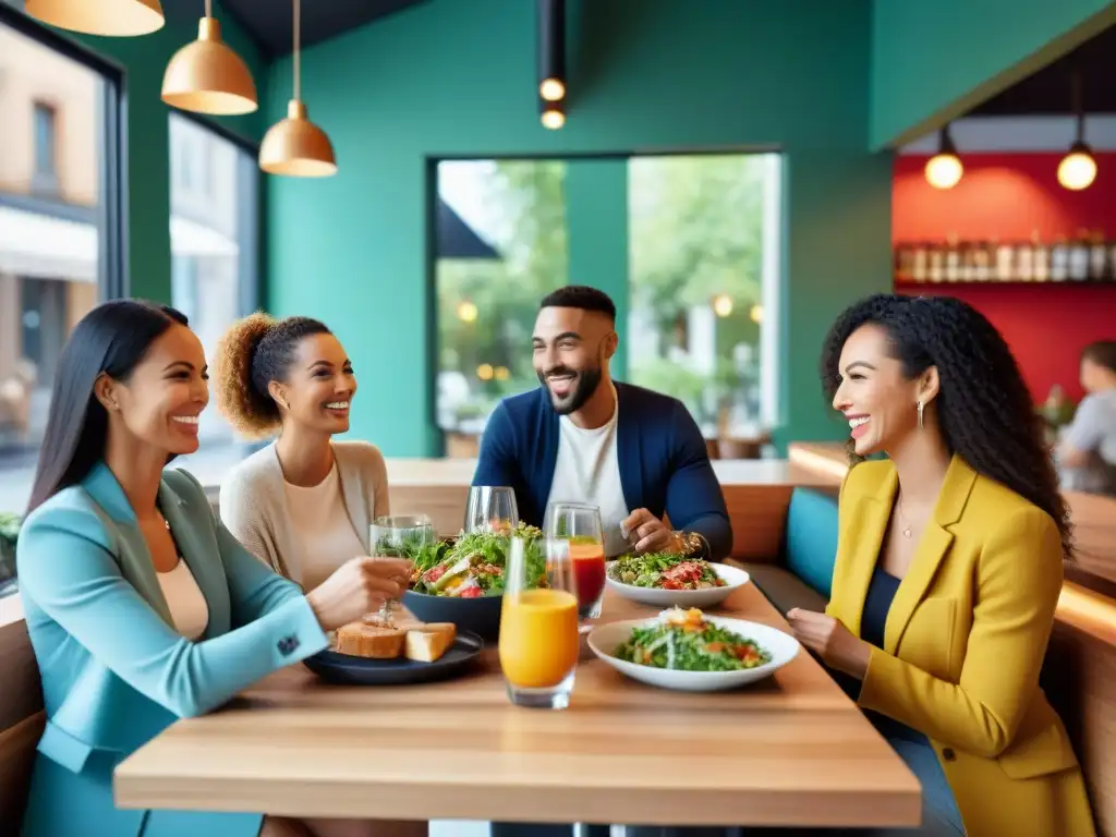 Grupo de amigos disfrutando de una comida sin gluten en un café moderno y vibrante, reflejando alegría y camaradería