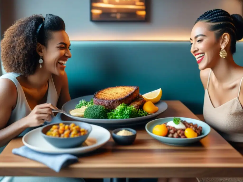 Grupo de amigos disfrutando de una comida en restaurante trendy con deliciosos platos sin gluten