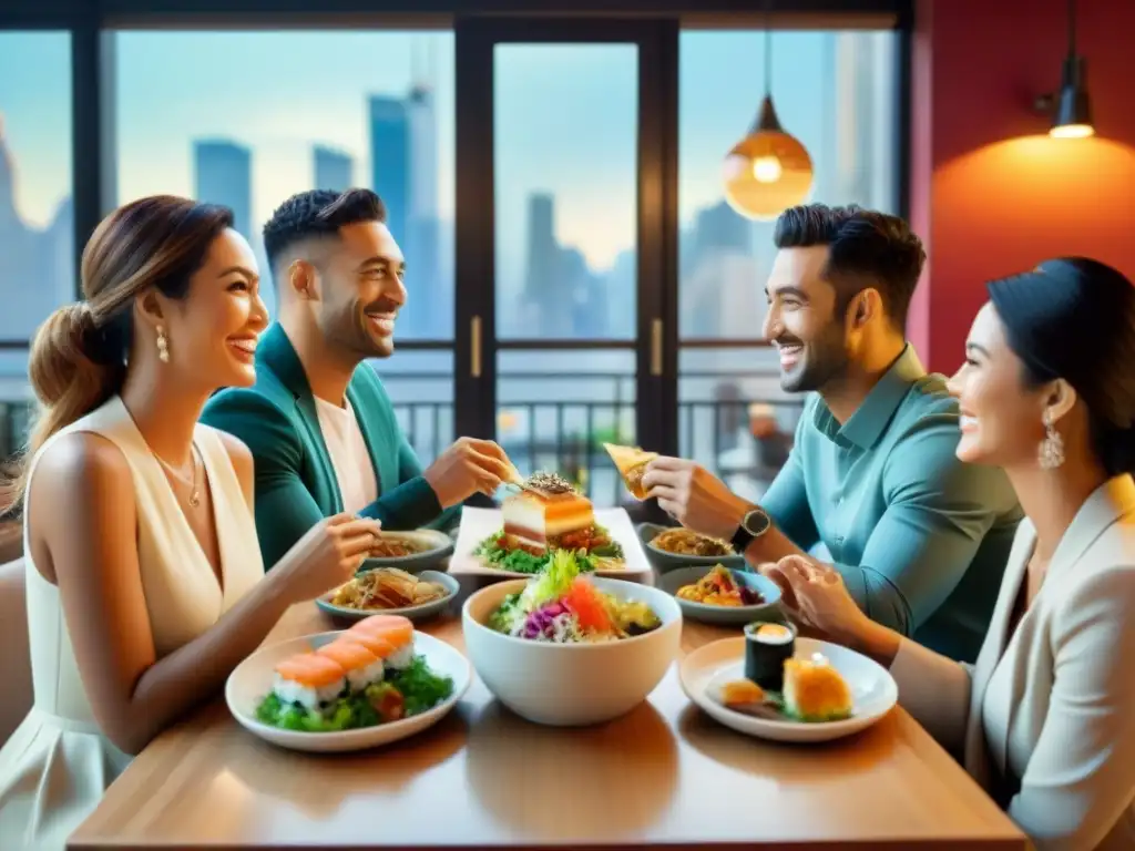 Un grupo de amigos disfruta de una deliciosa comida sin gluten en un restaurante de moda