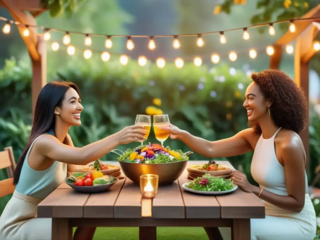 Un grupo de amigos disfruta de una mesa al aire libre con deliciosos platillos sin gluten, en un jardín acogedor al atardecer