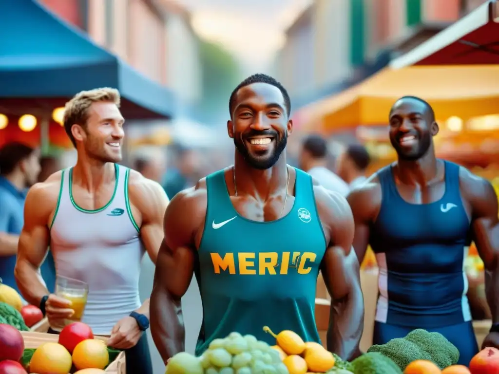 Un grupo de atletas disfrutando alimentos sin gluten tras entrenar en un mercado vibrante