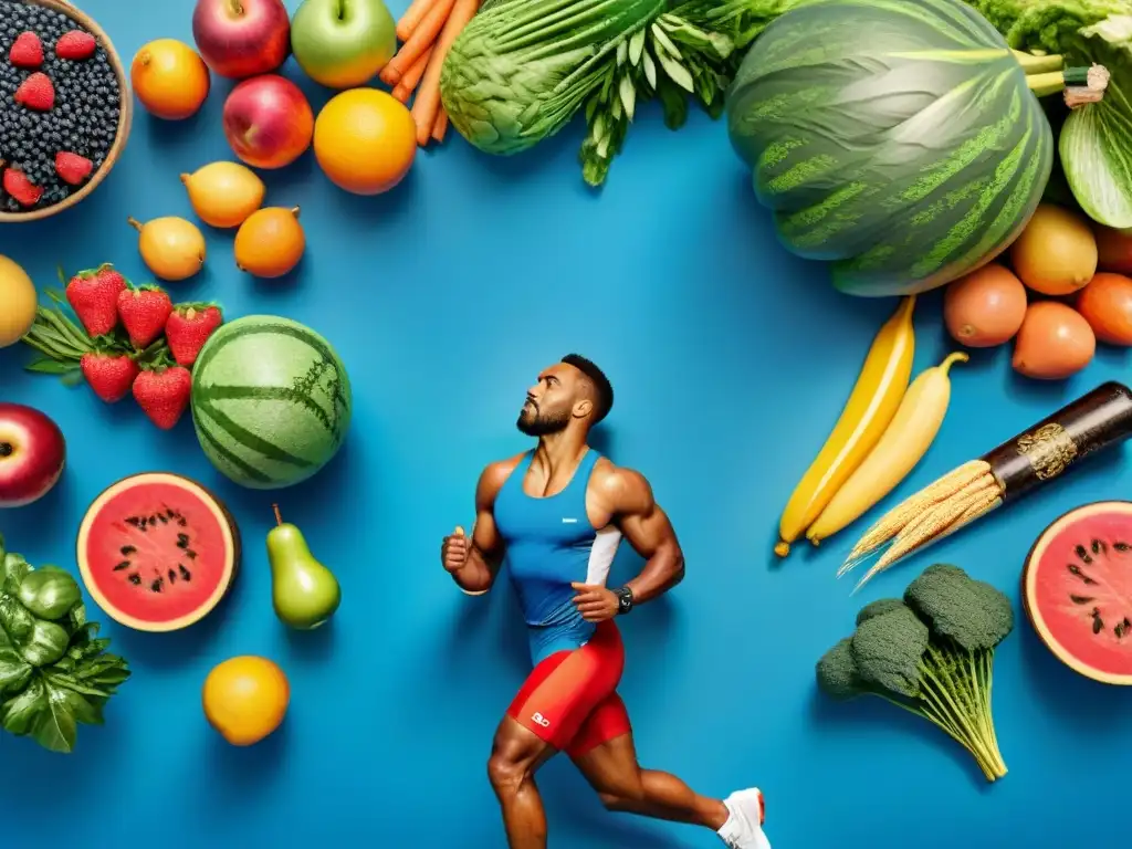 Un grupo de atletas enérgicos y diversos practicando deportes rodeados de alimentos saludables, en un escenario al aire libre