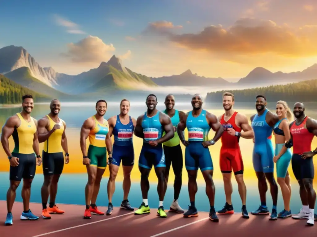 Un grupo de atletas diversos se felicitan en la meta de una carrera al atardecer sobre un lago, destacando los beneficios sin gluten para deportistas