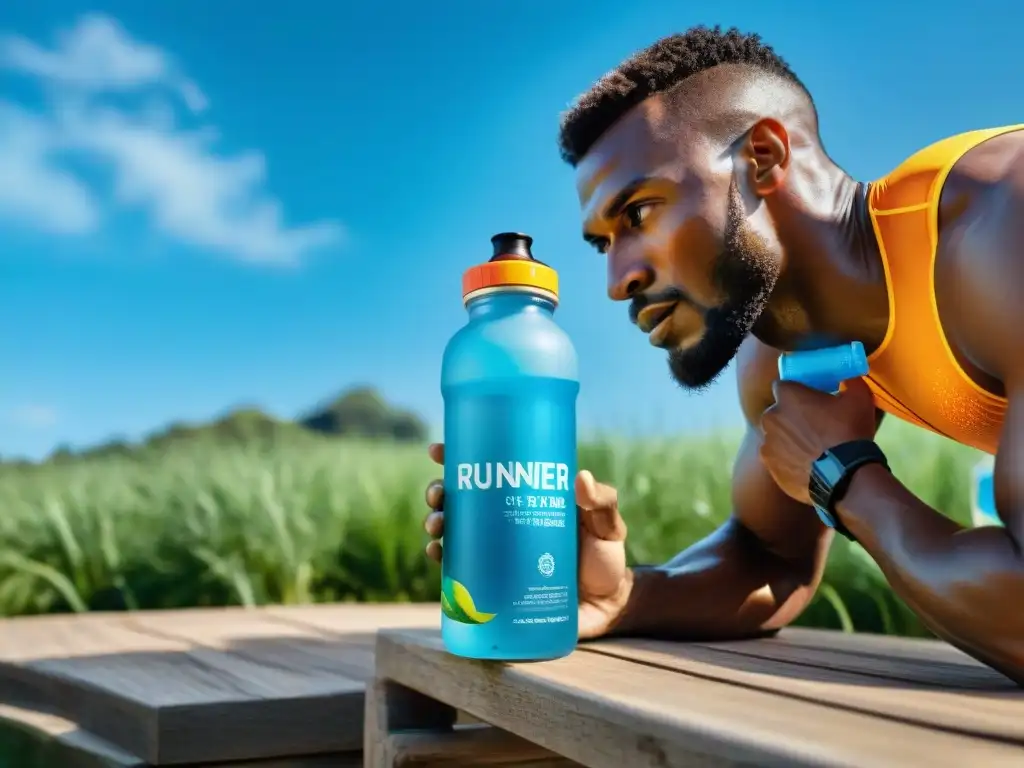 Grupo de atletas diversos hidratándose con snacks sin gluten, resaltando la importancia de la hidratación en el entrenamiento al aire libre