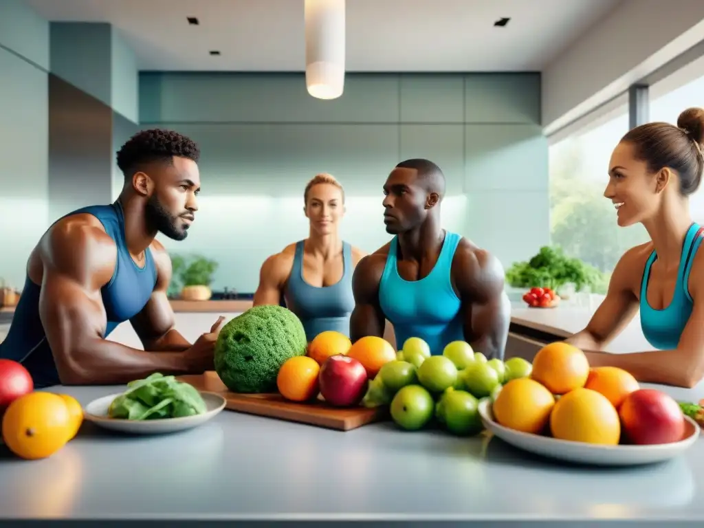 Atletas de élite disfrutan comida saludable en cocina moderna Un grupo de atletas de élite disfruta de una comida saludable en una cocina moderna, transmitiendo vitalidad y determinación