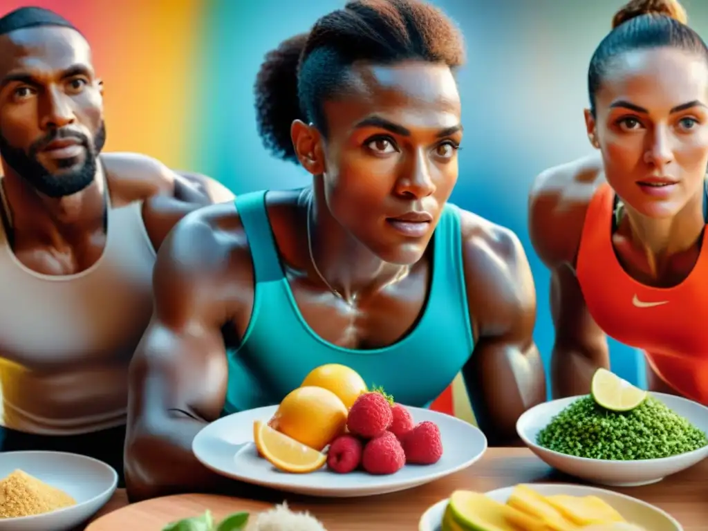 Un grupo de atletas de élite se concentra en platos coloridos y nutritivos en una mesa, demostrando determinación y satisfacción